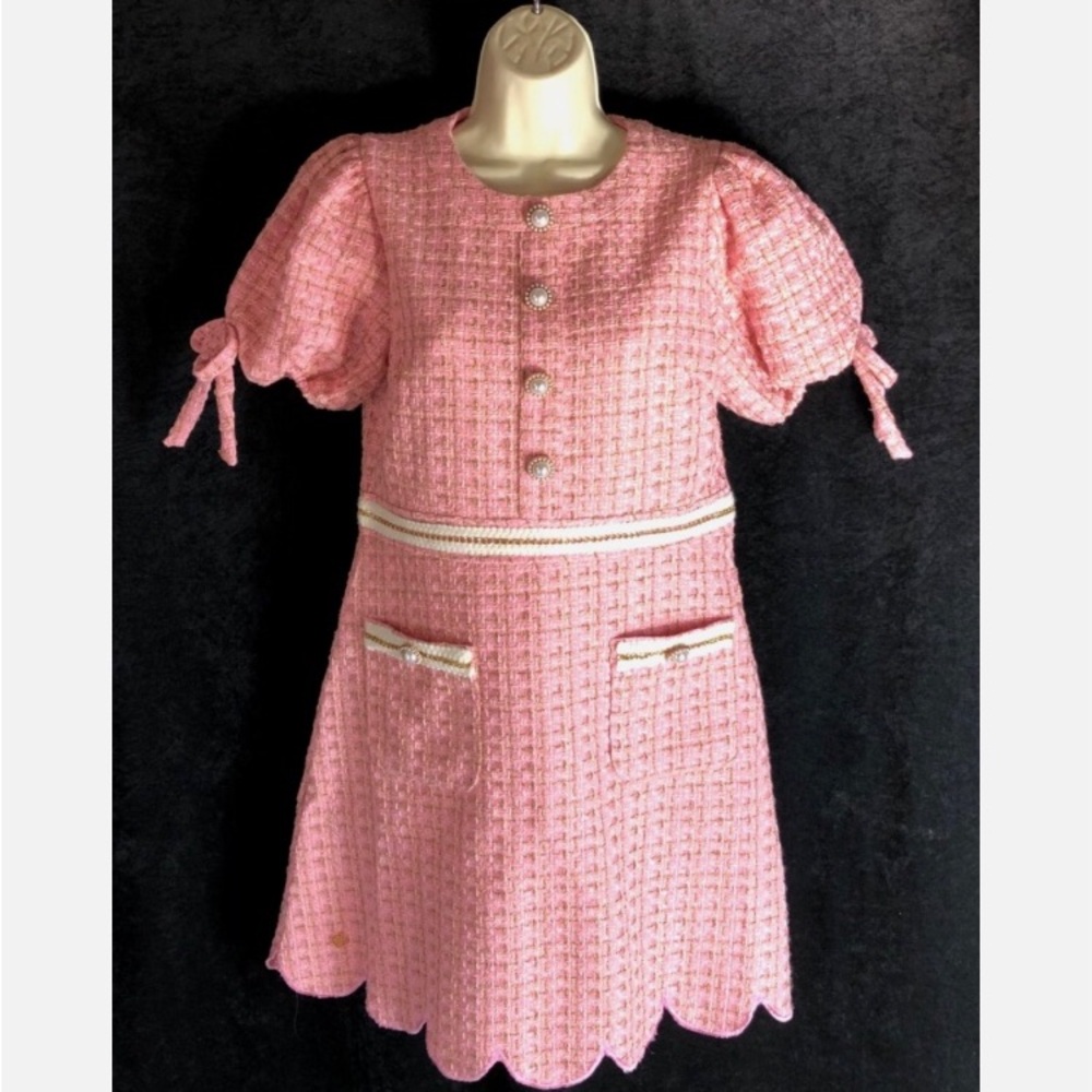 Simply Southern Dress womens sz S Tweed Metallic Thread Pearl Trim Puff Sleeves